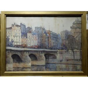 "the Pont Neuf" Watercolor By Etienne (j......'?)  ..paris 1906