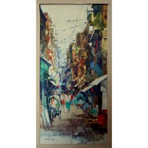 "RUE Commerçante ANIMEE " Aquarelle par MATIURT ...INDONESIE