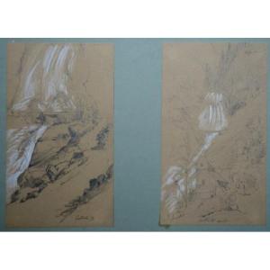 2 DESSINS ..."CASCADES" a CAUTERETS 1873.....Hautes .Pyrénées