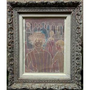 "PERSONNAGES " Gouache par Jacques FAUCHE vers 1960/70