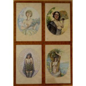 "Les 4 SAISONS EROTIQUES" Aquarelles par Jean REME vers 1920/30