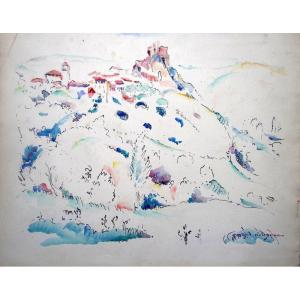 "VILLAGE et son CHATEAU" par Georges DORIGNAC vers 1910