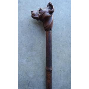 "dog's Head" Carved Wooden Cane Knob, Circa 1900