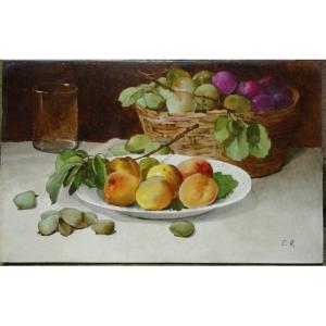 "peaches, Plums, Almonds" Painted Porcelain Plate 19th