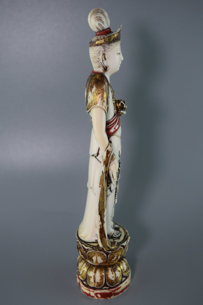 Polychrome Ivory Okimono Kannon Standing On A Lotus Throne-photo-5