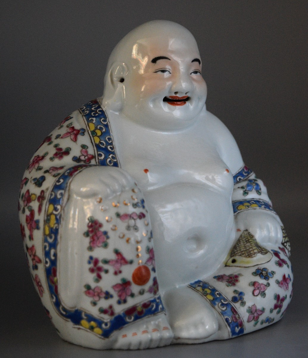 Bouddha Rieur Chinois en Porcelaine "Famille Rose"-photo-2