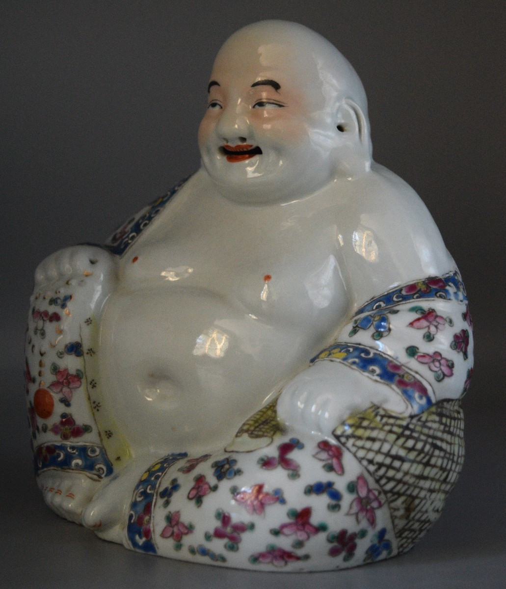 Bouddha Rieur Chinois en Porcelaine "Famille Rose"-photo-3