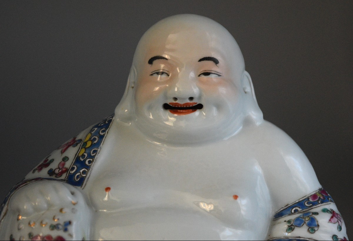 Bouddha Rieur Chinois en Porcelaine "Famille Rose"-photo-4