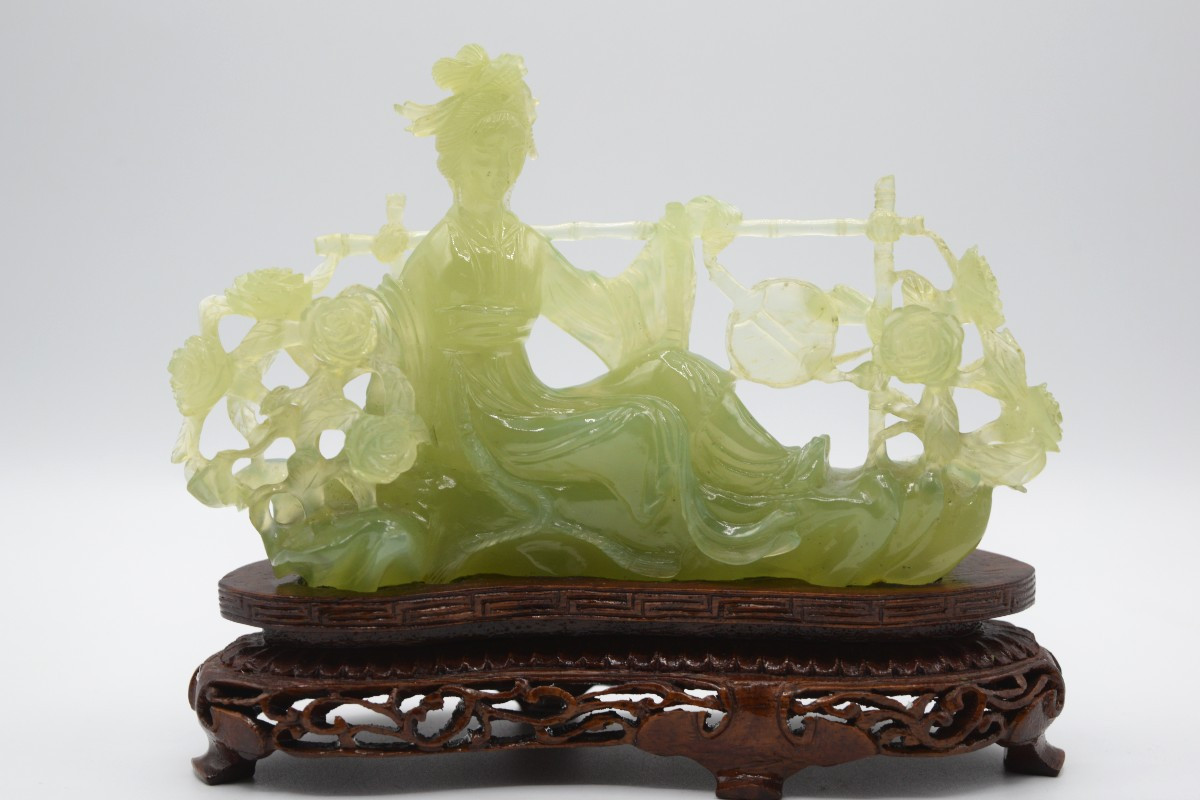 Lady And Peonies In Serpentine Jade