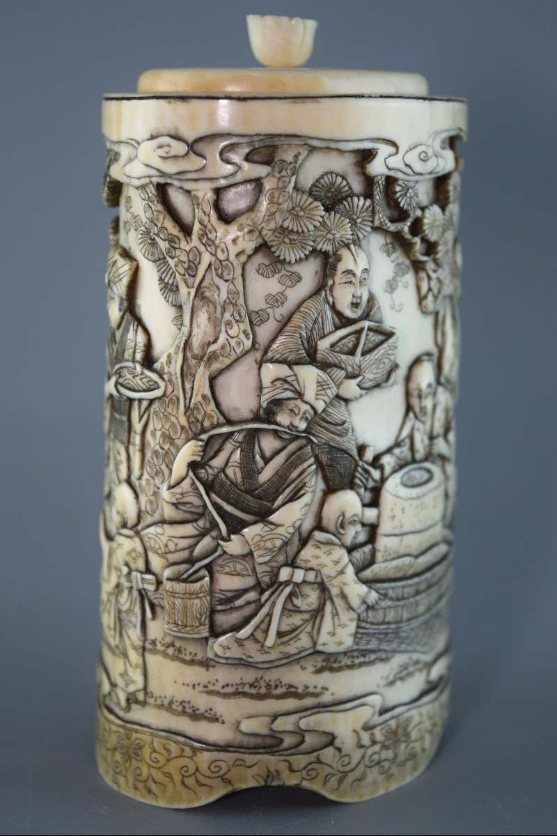 Porte-pinceaux sculpté ivoire Meiji JAPON-photo-3