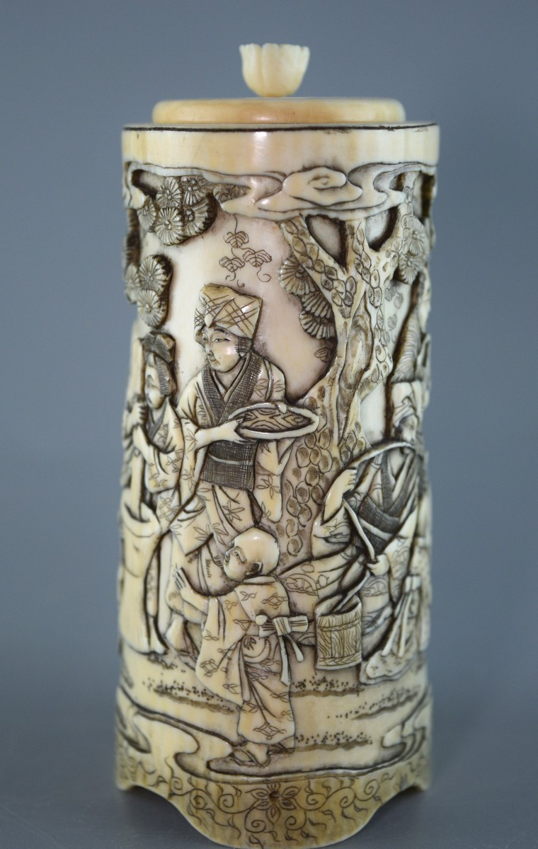 Porte-pinceaux sculpté ivoire Meiji JAPON-photo-4