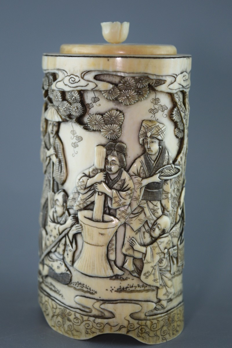 Porte-pinceaux sculpté ivoire Meiji JAPON-photo-1