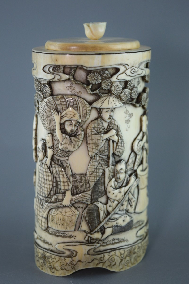 Porte-pinceaux sculpté ivoire Meiji JAPON-photo-3