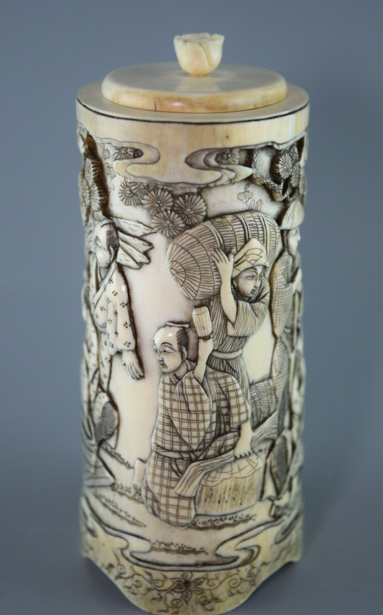 Porte-pinceaux sculpté ivoire Meiji JAPON-photo-4