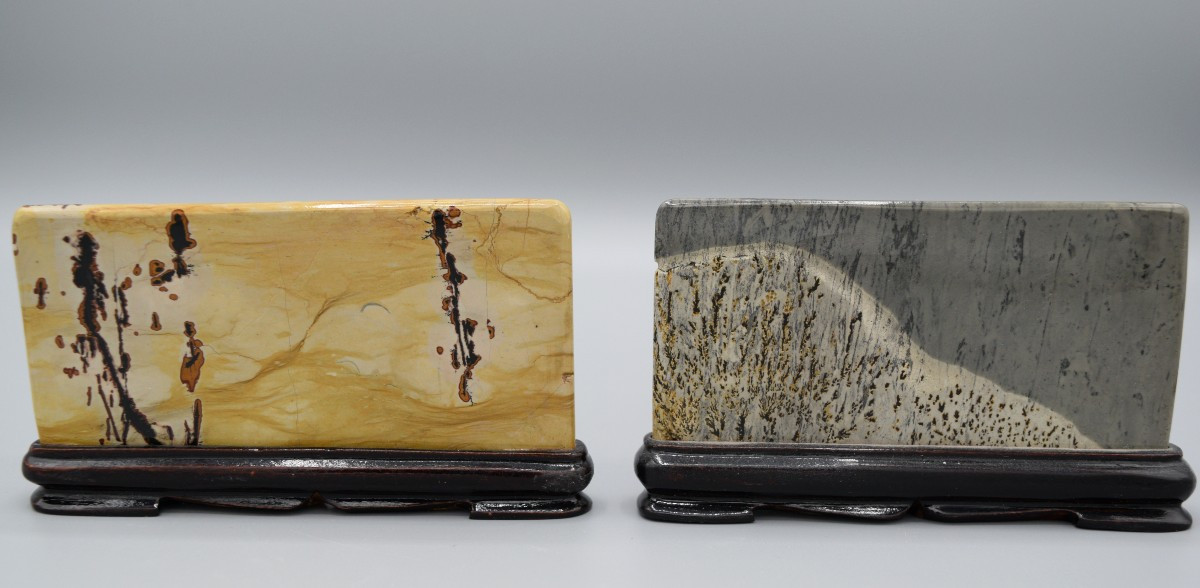  Paire de Pierres Paysages Chinoises sur Socle