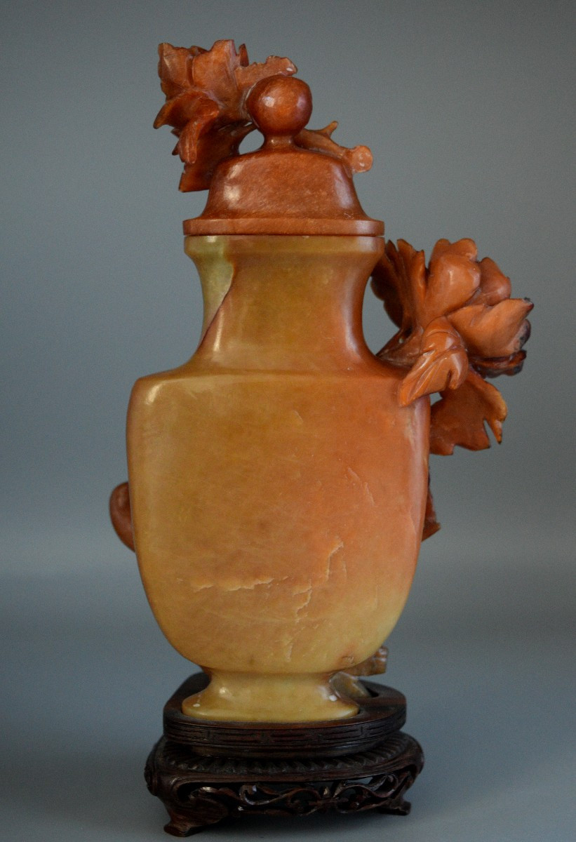 Carved Stone Vase With Flowers And Bird-photo-4