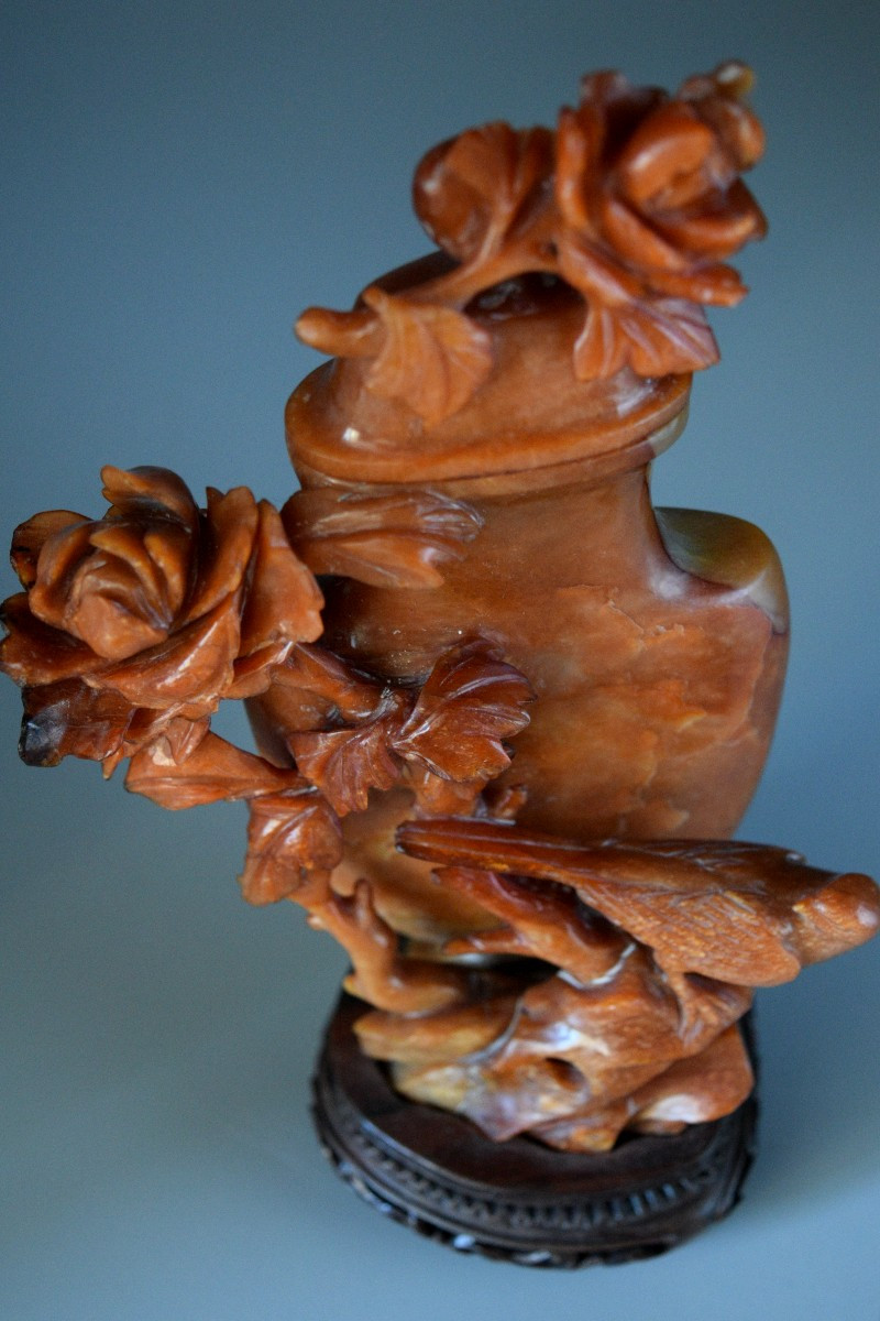 Carved Stone Vase With Flowers And Bird-photo-2