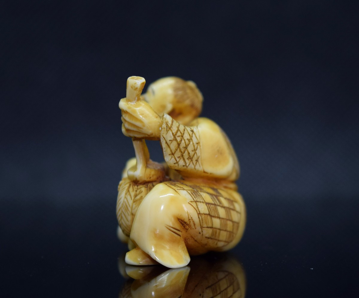 Netsuke, Meiji Era: Jurojin And Child, Signed -photo-3