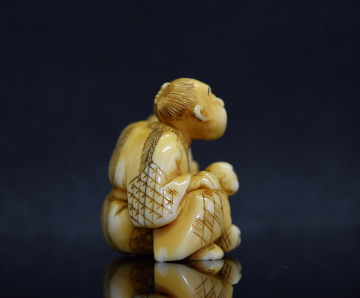 Netsuke, Meiji Era: Jurojin And Child, Signed -photo-3