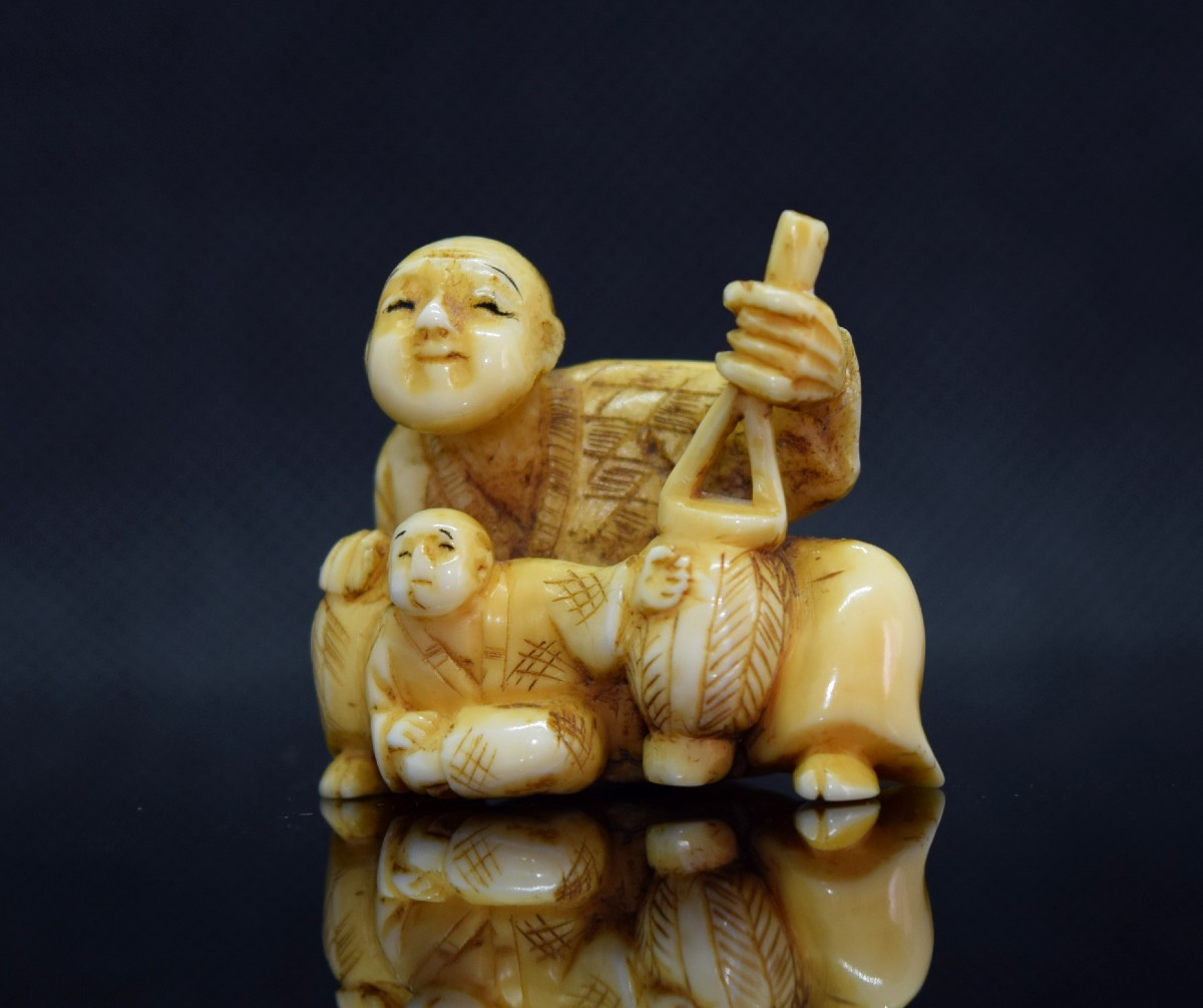 Netsuke, Meiji Era: Jurojin And Child, Signed 