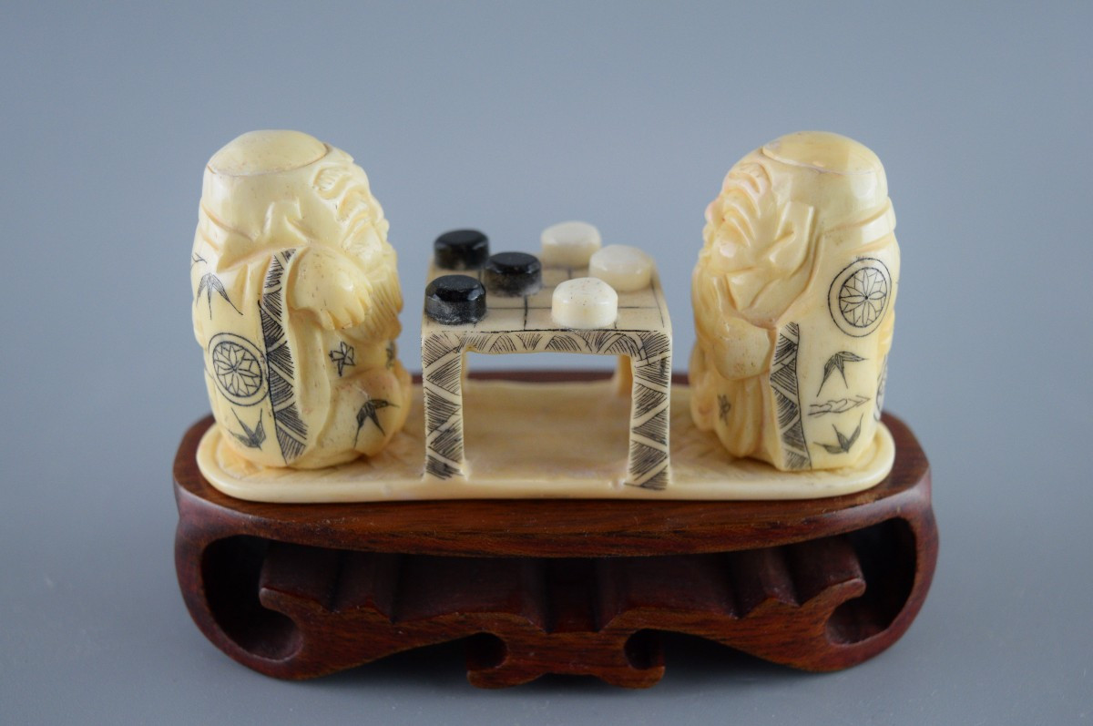 Scene Of A Go Game In Finely Carved Bone, Circa 1950