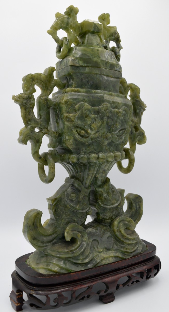 Vase Couvert en Jade Vert à Décor de Taotie et Anses Dragons-photo-3