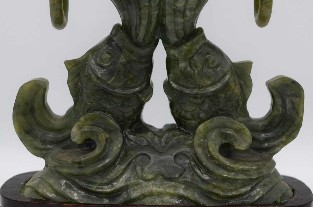 Vase Couvert en Jade Vert à Décor de Taotie et Anses Dragons-photo-2