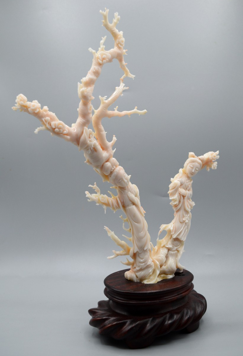 Groupe en corail blanc sculpté aux deux divinités féminines-photo-4