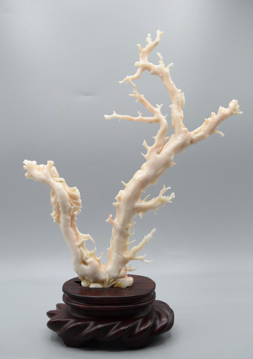 Groupe en corail blanc sculpté aux deux divinités féminines-photo-2