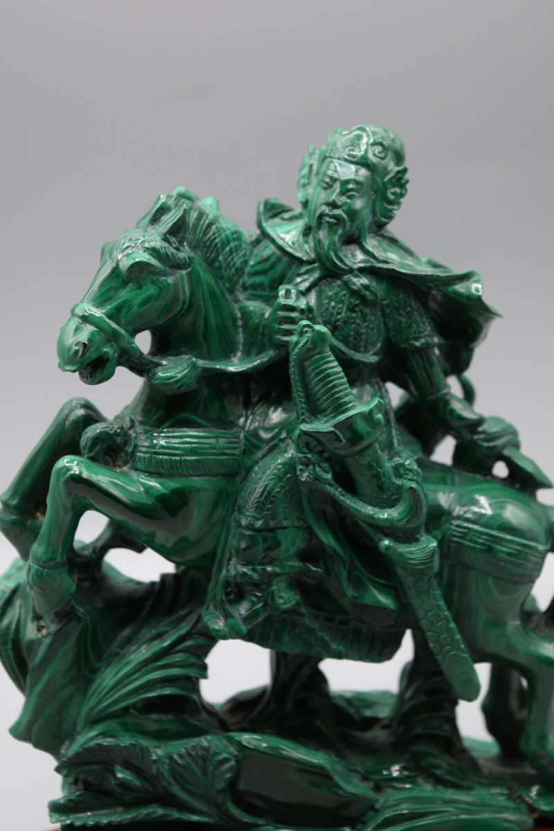 Malachite Statue Of Guan Yu On Horseback, Mid-20th Century-photo-2