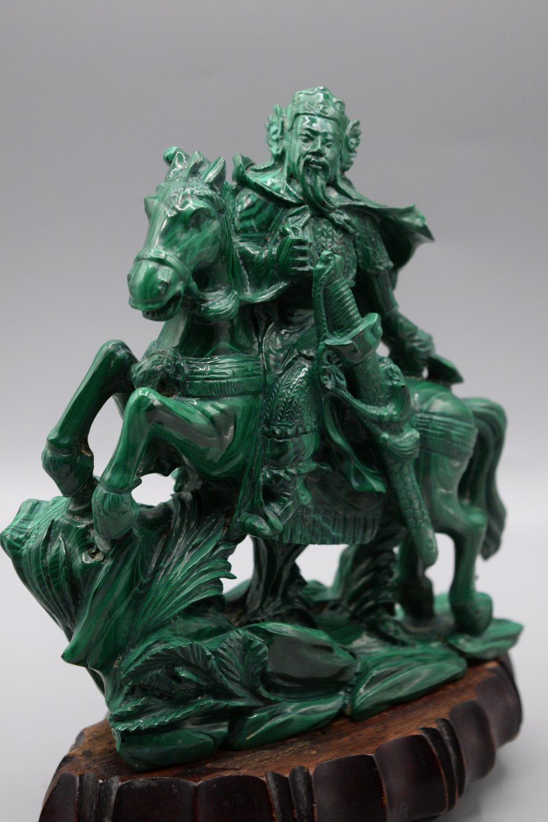 Malachite Statue Of Guan Yu On Horseback, Mid-20th Century-photo-3