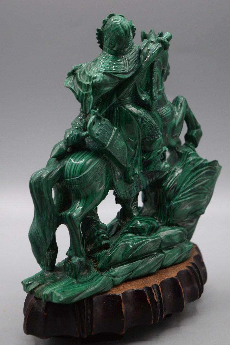 Malachite Statue Of Guan Yu On Horseback, Mid-20th Century-photo-3