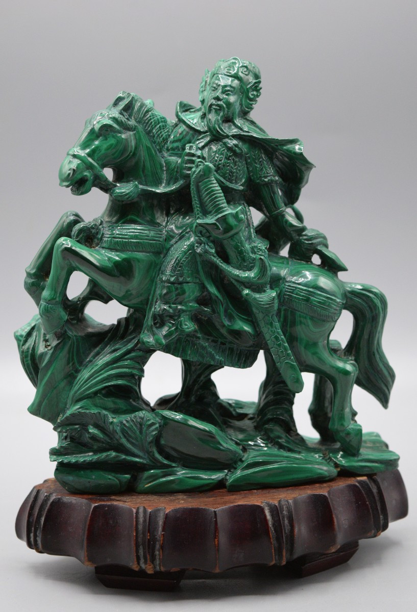 Malachite Statue Of Guan Yu On Horseback, Mid-20th Century