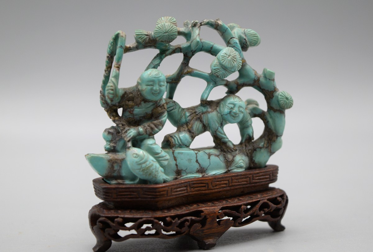 Group In Sculpted Turquoise: Children Under A Pine Tree, Early 20th Century-photo-3