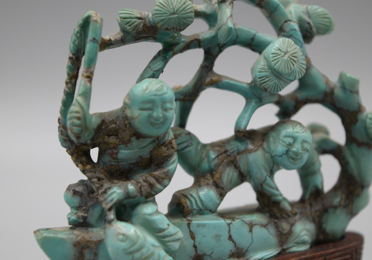 Group In Sculpted Turquoise: Children Under A Pine Tree, Early 20th Century-photo-4