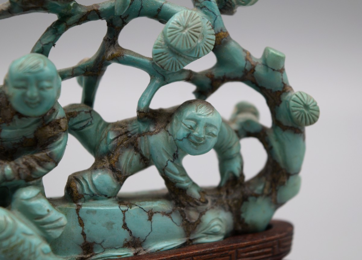 Group In Sculpted Turquoise: Children Under A Pine Tree, Early 20th Century-photo-6