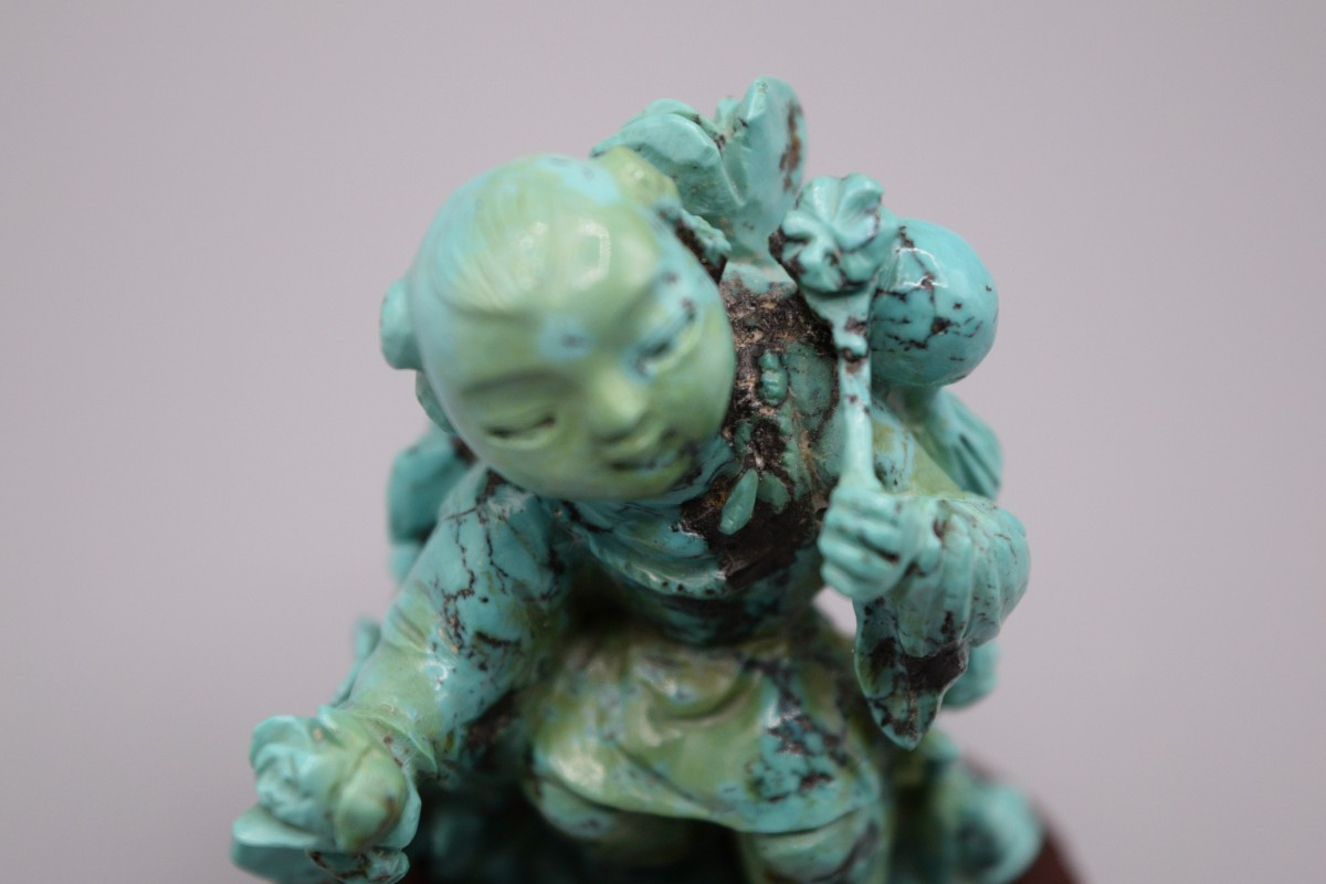 Child With Peonies In Chinese Turquoise, Circa 1900-photo-4