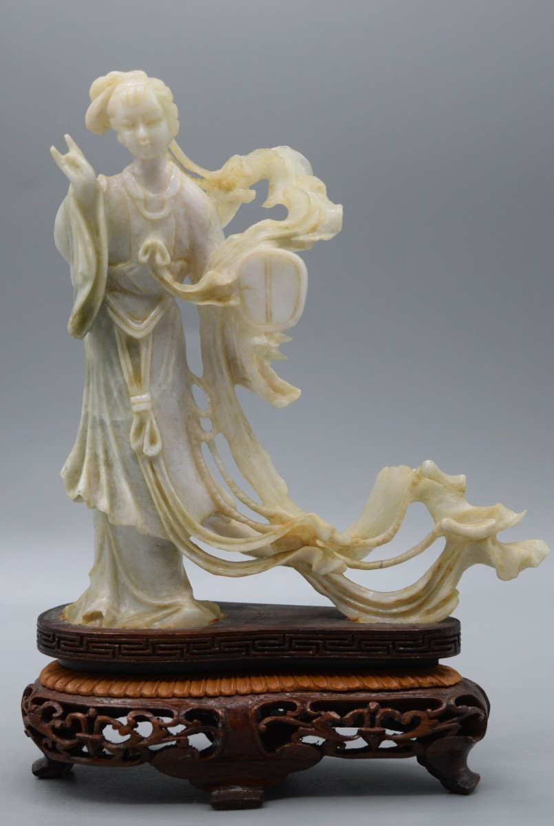 Soapstone Statue Of A "fairy With A Fan"