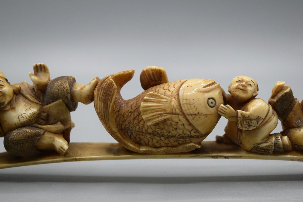 Okimono aux sept Karako et à la Carpe Japon, XIXe siècle-photo-3