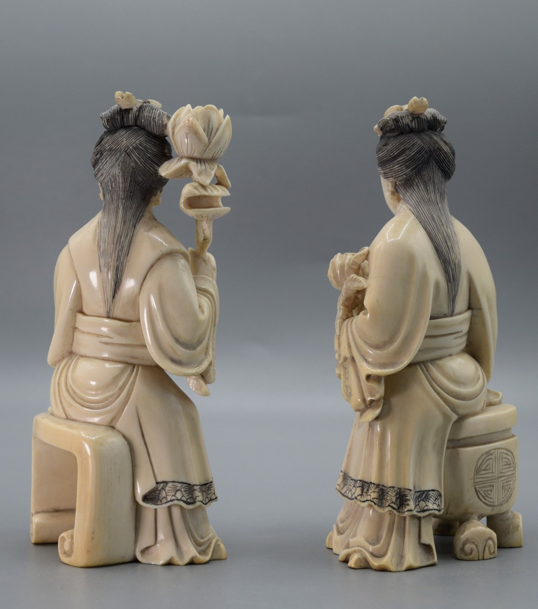 Lotus Flower Elegance: Pair Of Ivory Court Figures, 19th Century China-photo-4