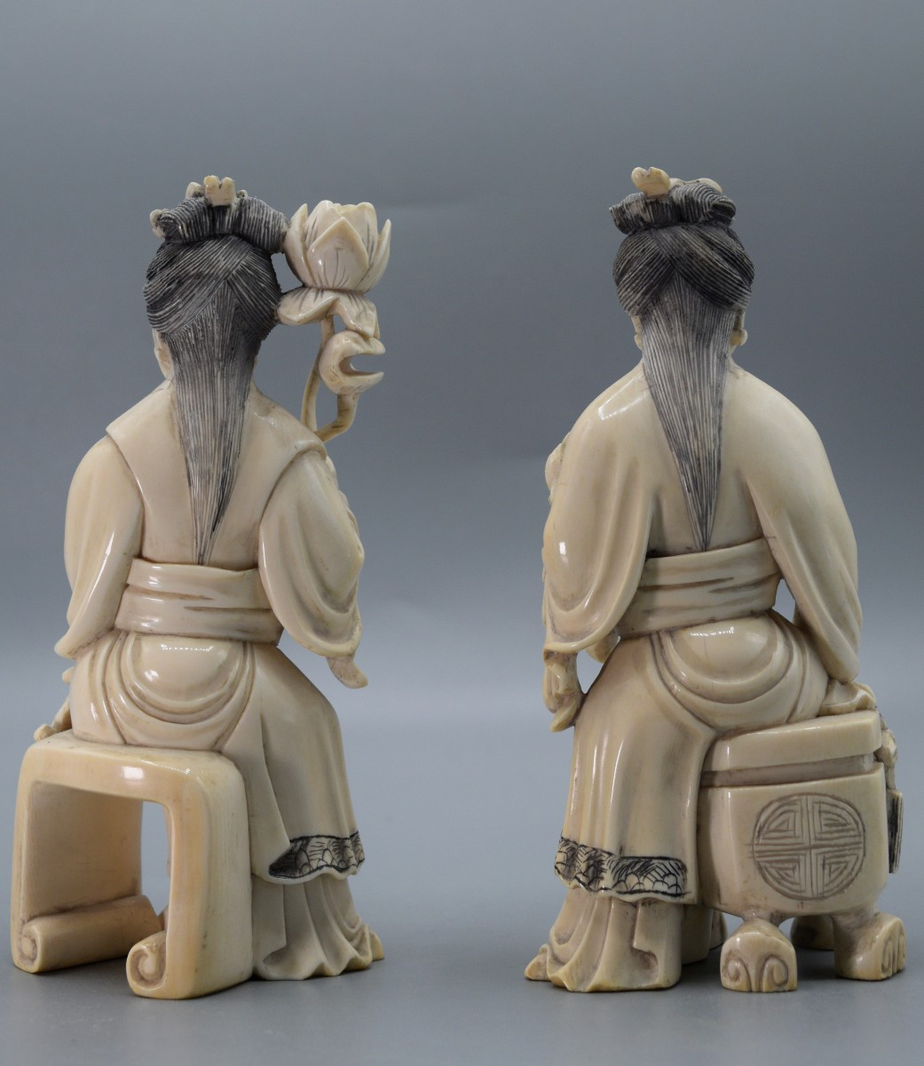 Lotus Flower Elegance: Pair Of Ivory Court Figures, 19th Century China-photo-1