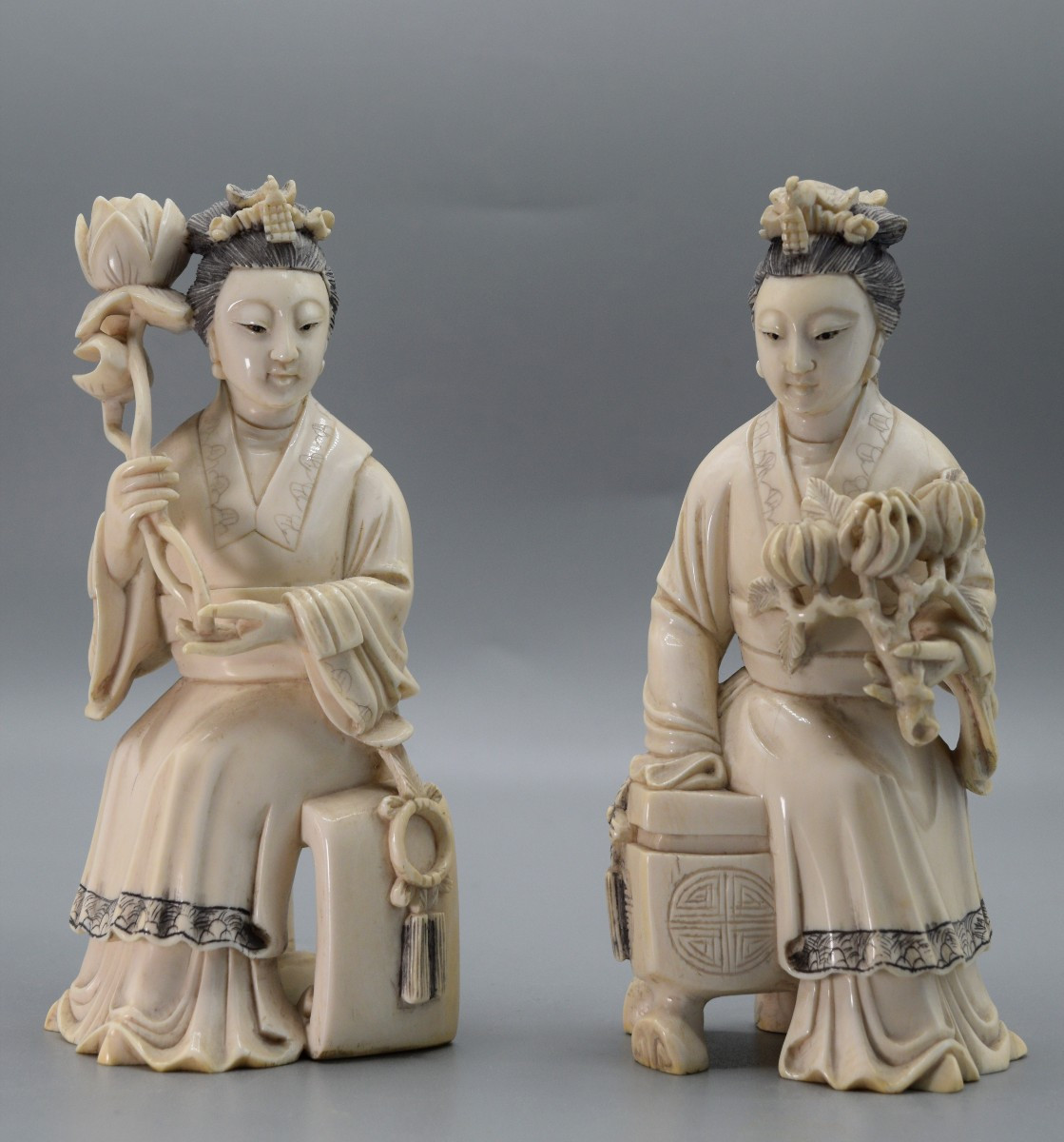 Lotus Flower Elegance: Pair Of Ivory Court Figures, 19th Century China