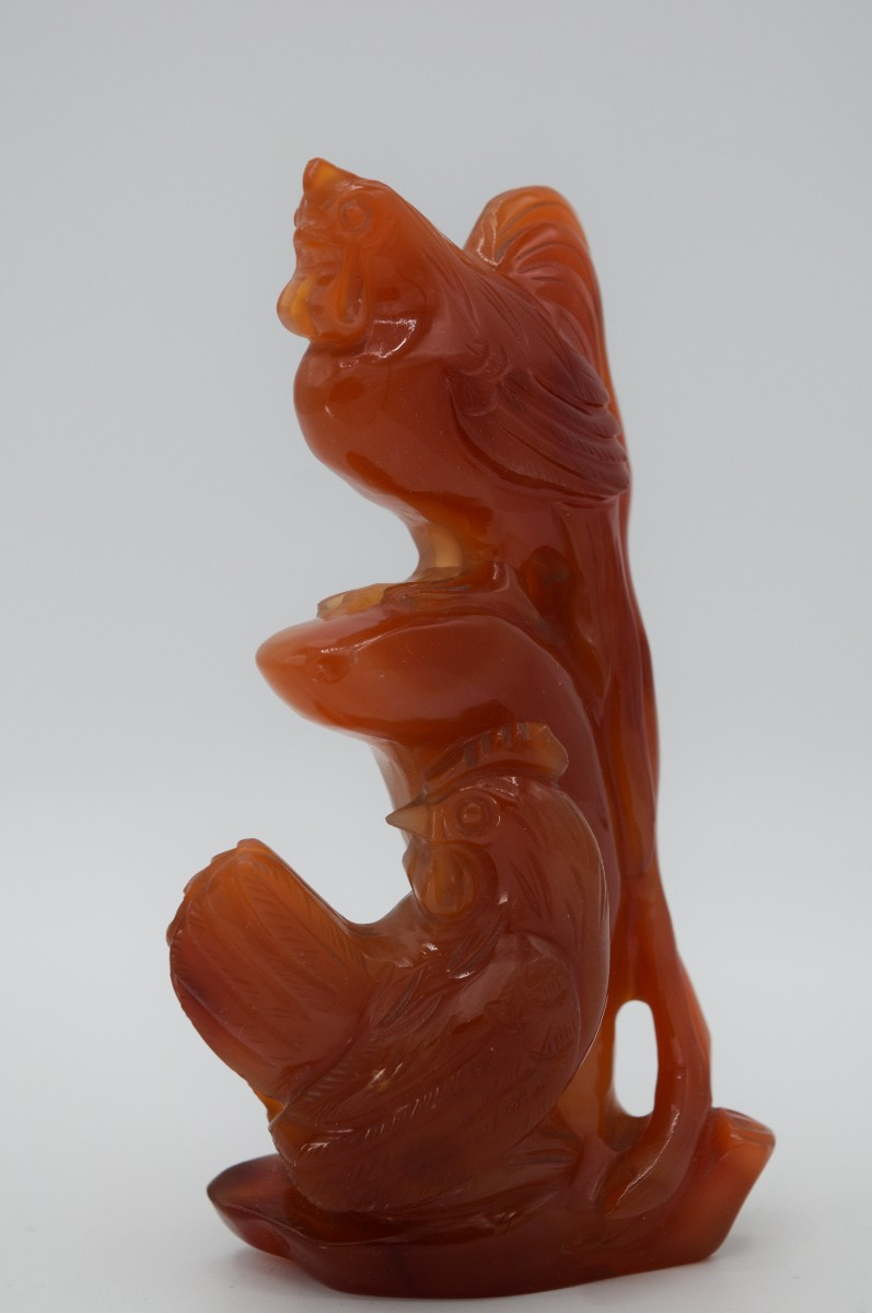 Sculpture Chinoise en Cornaline : Duo de Coqs-photo-2