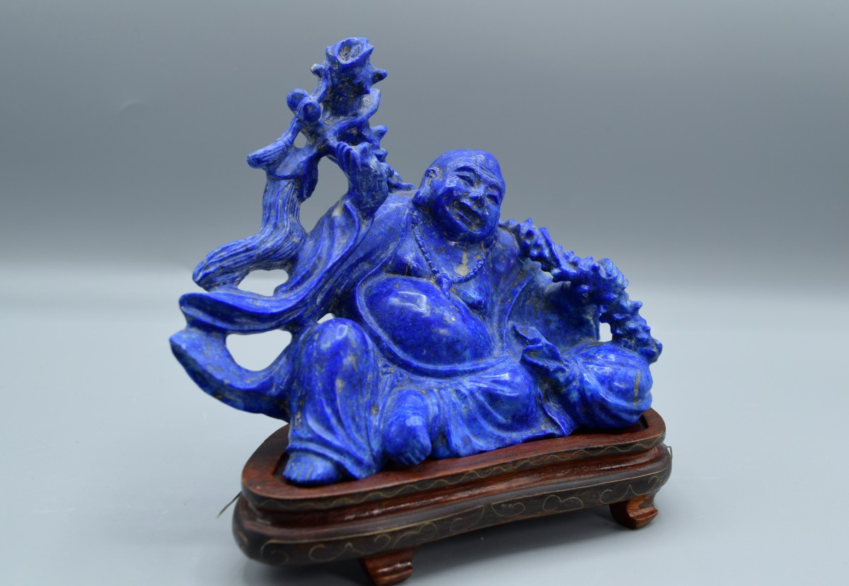 Laughing Buddha Statuette In Lapis Lazuli - Late Qing Dynasty / Early 20th Century-photo-2