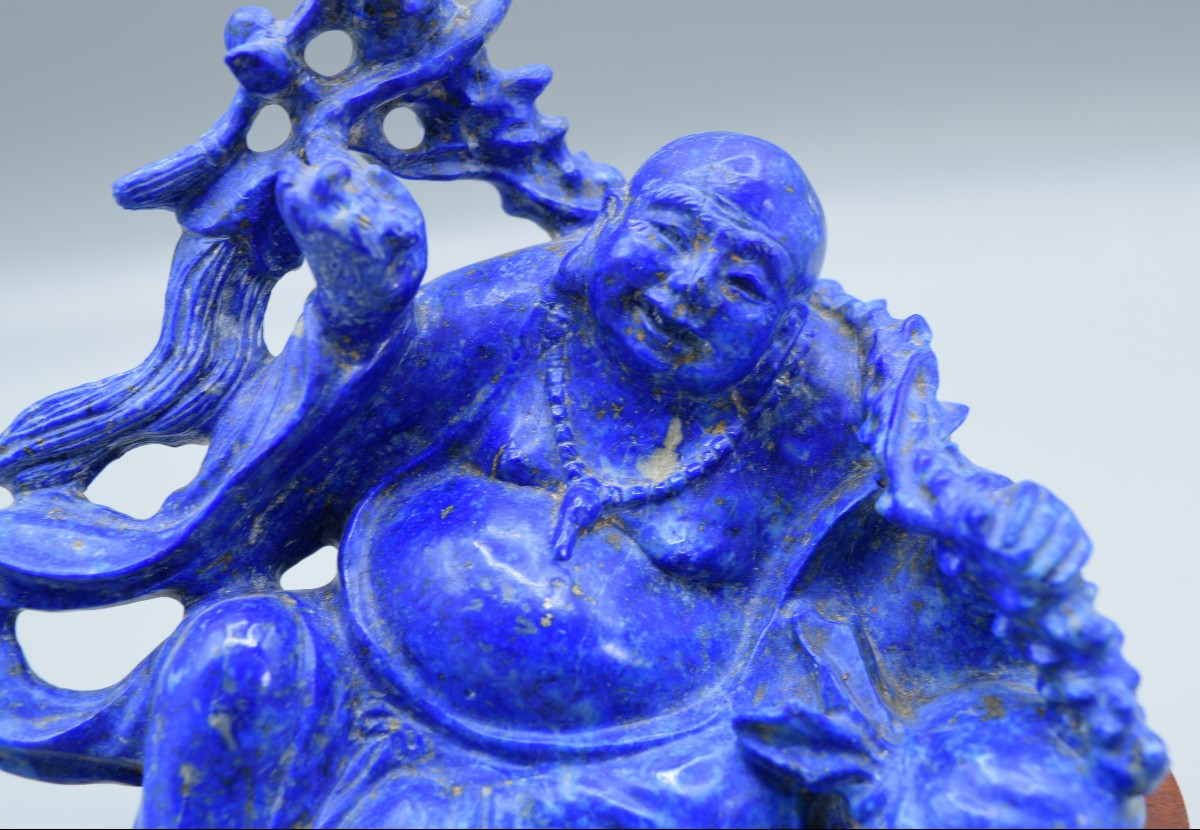 Laughing Buddha Statuette In Lapis Lazuli - Late Qing Dynasty / Early 20th Century-photo-3