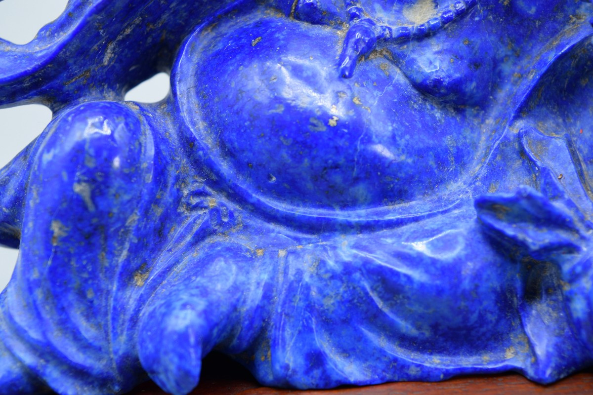 Laughing Buddha Statuette In Lapis Lazuli - Late Qing Dynasty / Early 20th Century-photo-4