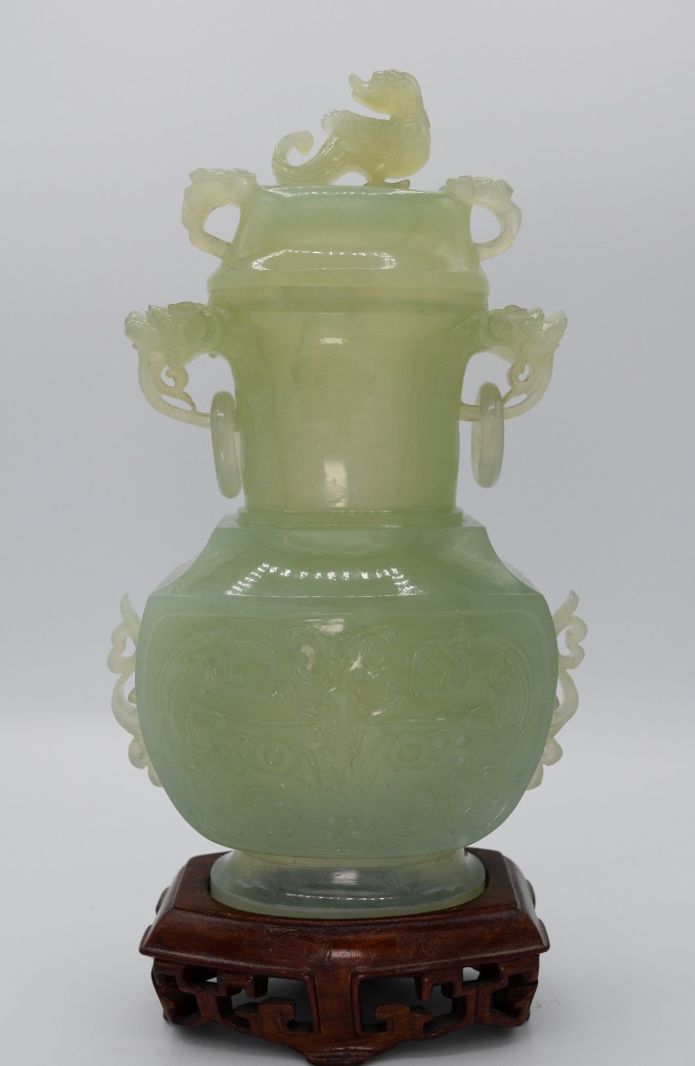 Covered Jade Vase From XIuyan, Taotie Decoration – Archaic Style