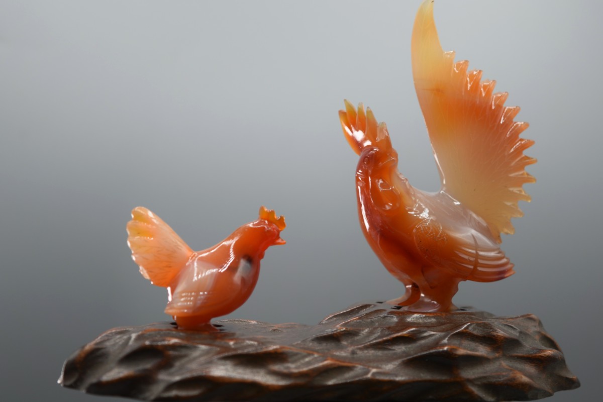 Statuette Of Roosters In Agate, Chinese Handicraft About 1950-photo-4