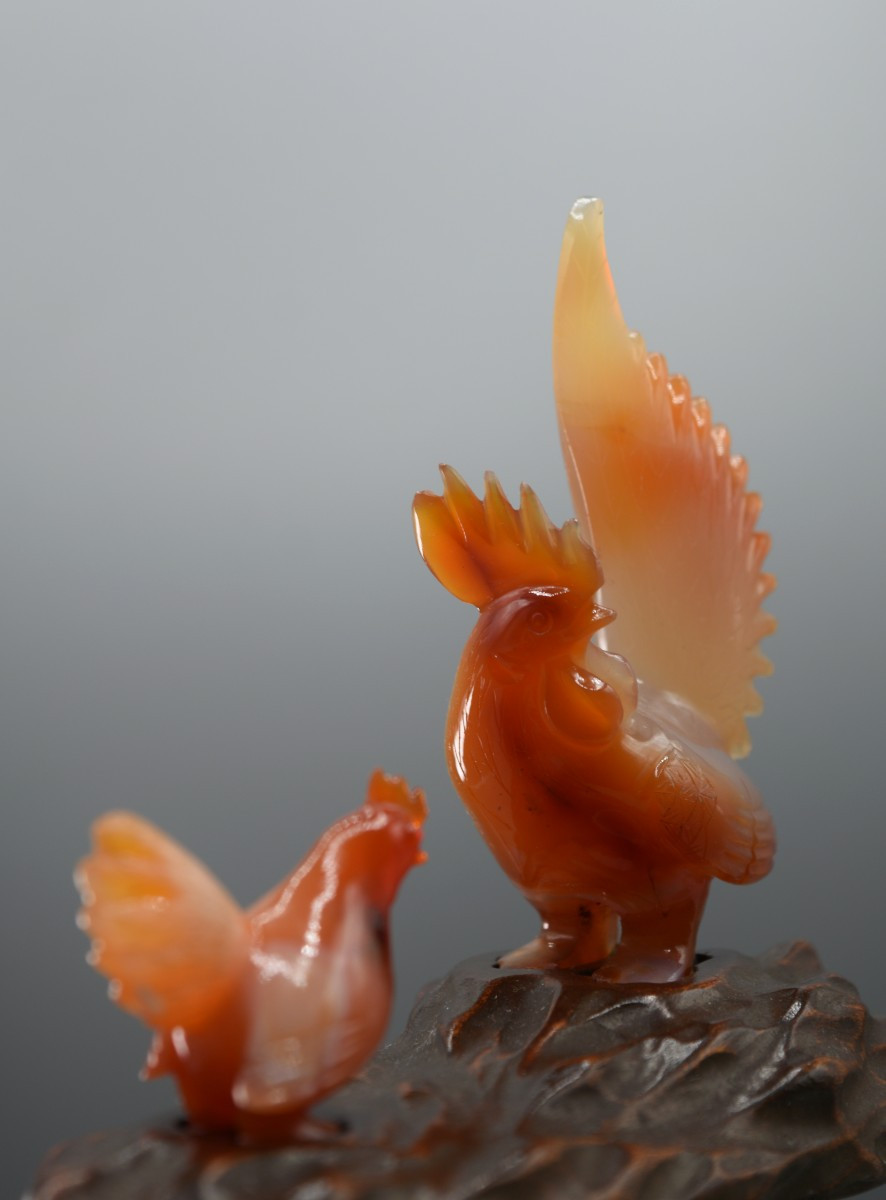 Statuette Of Roosters In Agate, Chinese Handicraft About 1950-photo-1
