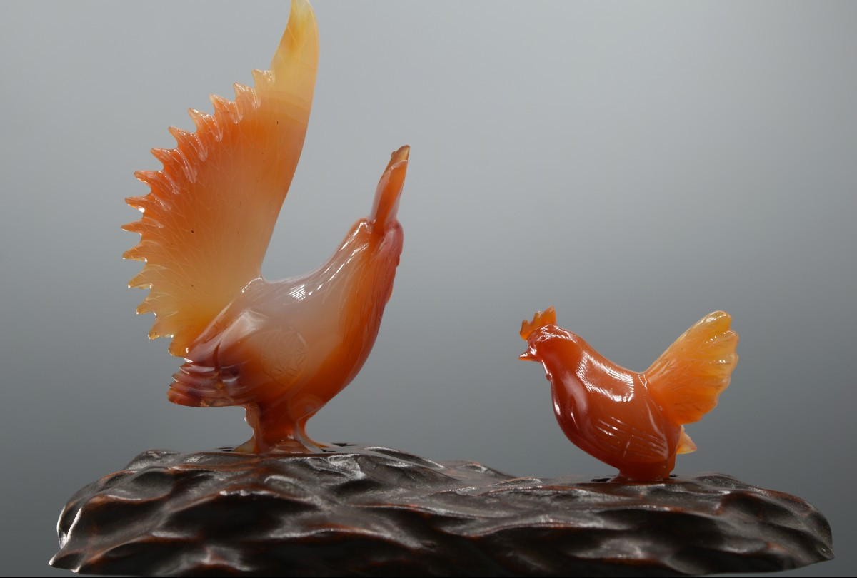 Statuette Of Roosters In Agate, Chinese Handicraft About 1950-photo-4